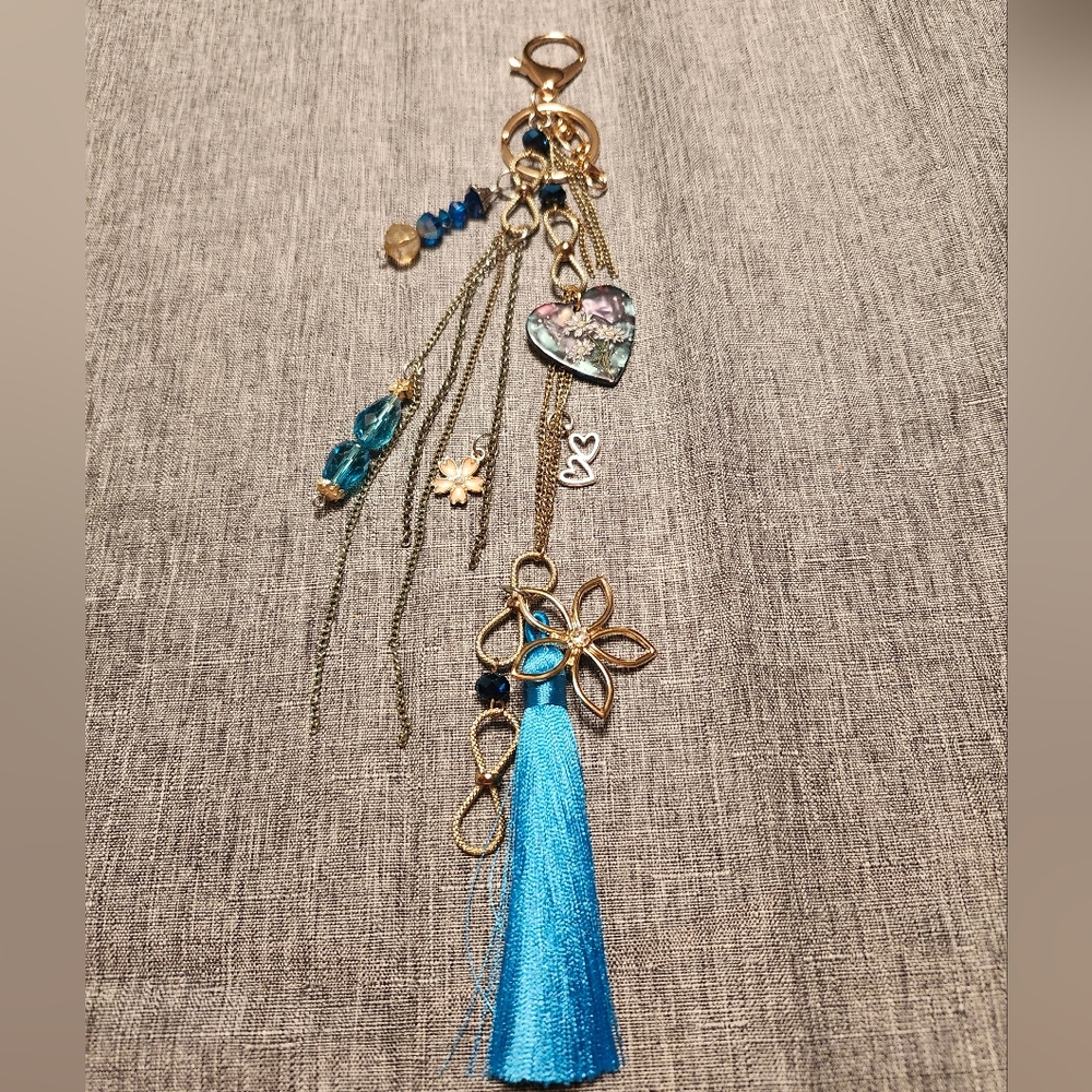 Purse Charm Keychain Handmade, Recycled & New- Tassel Hearts Flowers